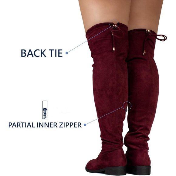 Women's Burgundy Rounded Toe Stretchy Over The Knee Low Heel Wide Calf Boots - Picture 5 of 6